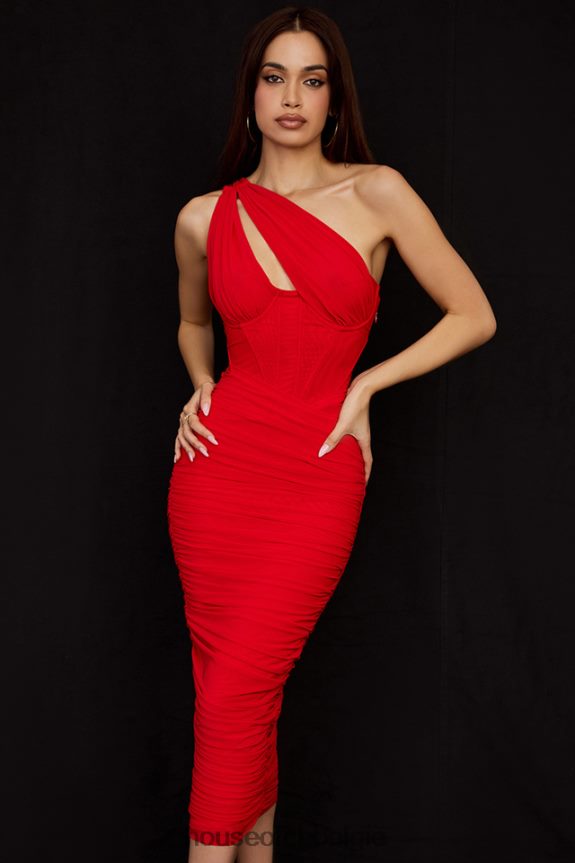 Valentina scharlaken asymmetrische midi-jurk met uitsnijding House of CB X0JL68509 kleding