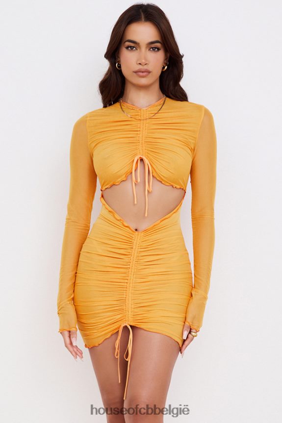 Jeanelle oranje mini-jurk met uitsnijding van mesh met lange mouwen en ruches House of CB X0JL68533 kleding